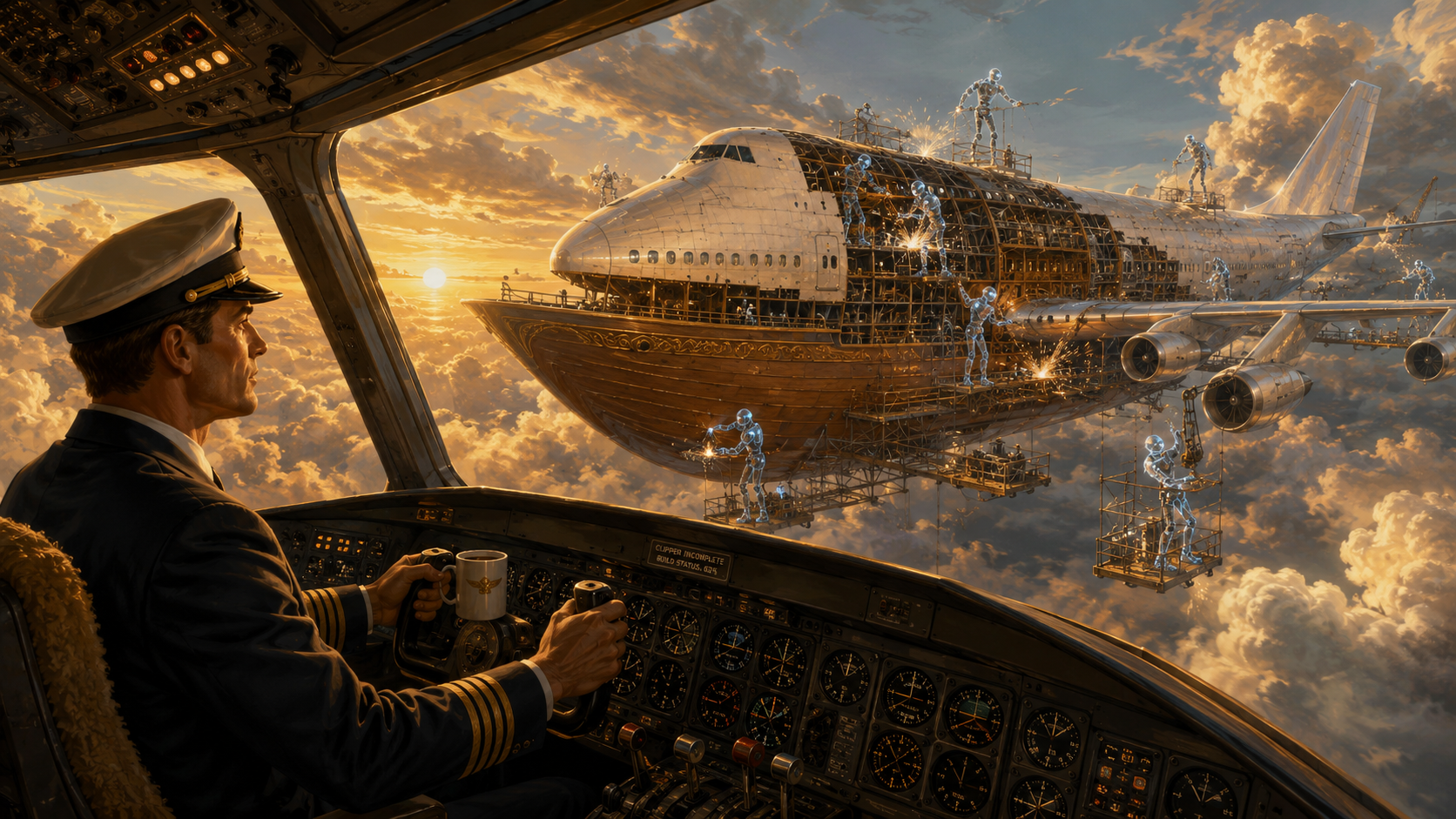 A pilot in a cockpit watching robot crew assemble a half-built airliner mid-flight at sunset.
