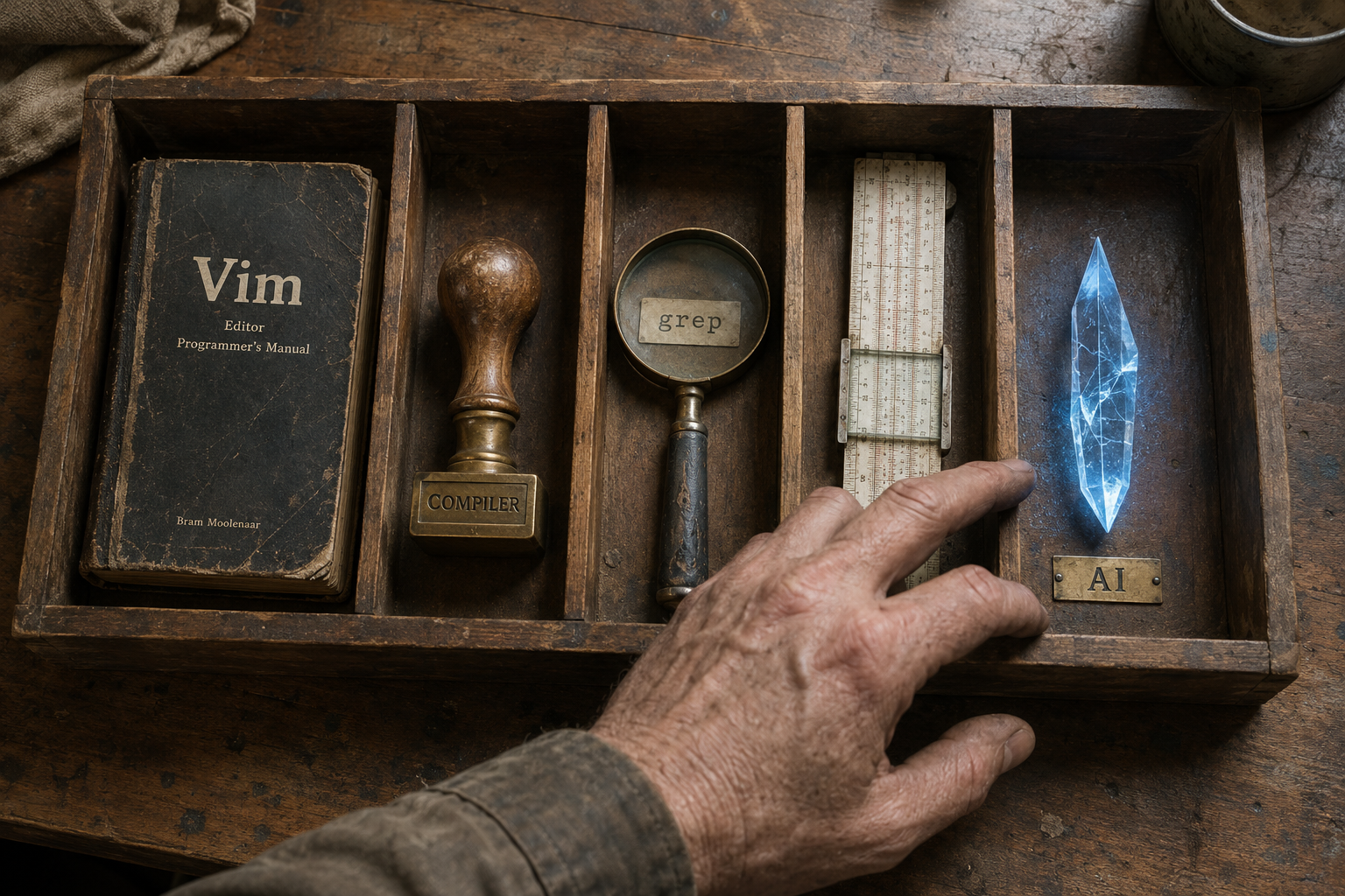 A wooden tray of tools — Vim manual, compiler stamp, grep magnifying glass, slide rule — and a glowing crystal labeled AI, with a hand reaching for it.