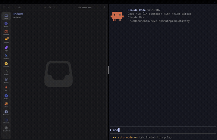The MCP server in action: a plain-English request in the terminal becomes tasks filed in OmniFocus.
