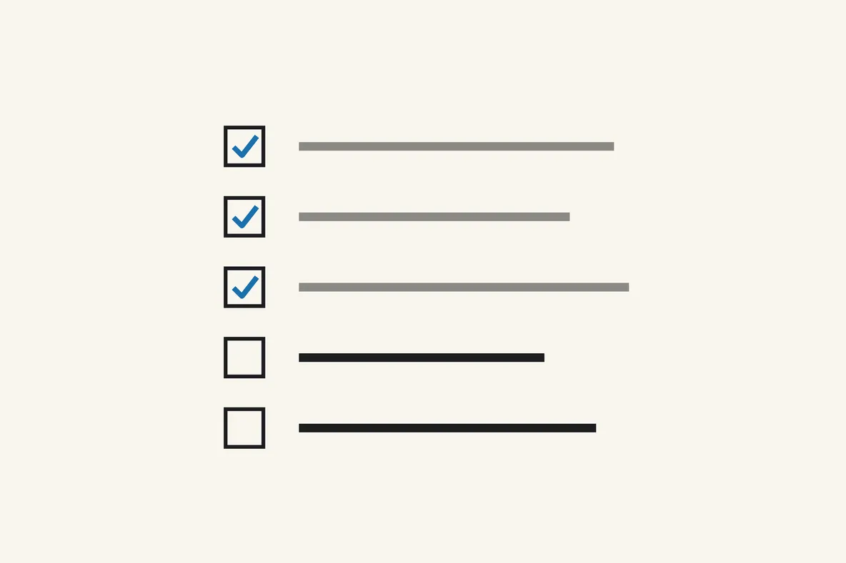 Line-art checklist: the top items ticked, the last left open.