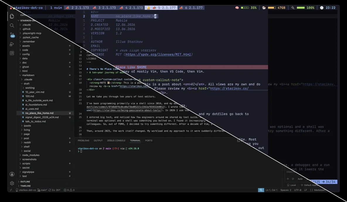 VS Code and Vim, spliced along a diagonal.