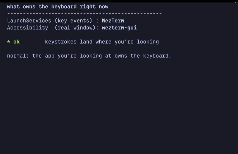 Terminal demo: a faceless agent seizes the macOS active-app slot, flipping the keyboard status to MISMATCH, then back