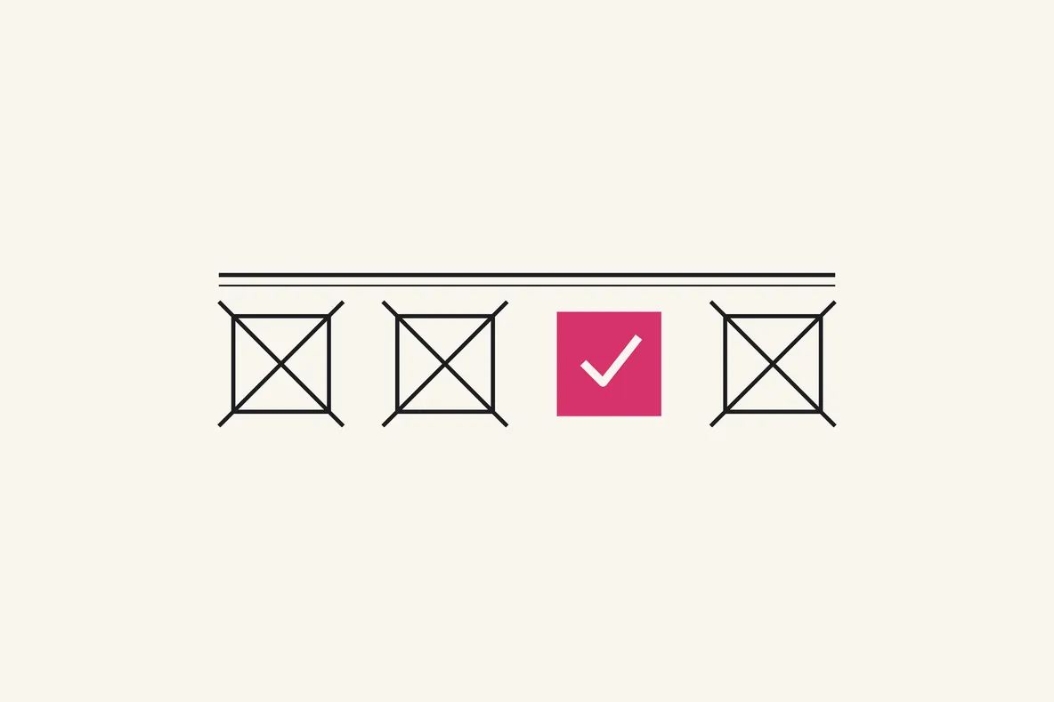 Four hypotheses in a row: three struck through with crossed lines that overshoot the box, the fourth filled magenta with a checkmark.