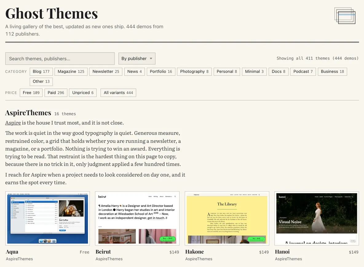 The Ghost Themes gallery: search, category and price filters, and the first four AspireThemes designs (Aqua, Beirut, Hakone, Hanoi)